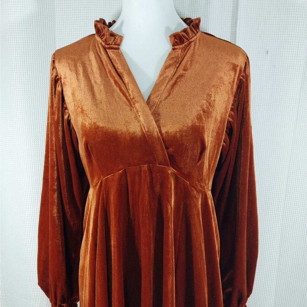 NWOT! UMGEE! ROMANTIC BURNT ORANGE STRETCH VELVET, POUF SLEEVE DRESS! SZ S - Picture 3 of 11
